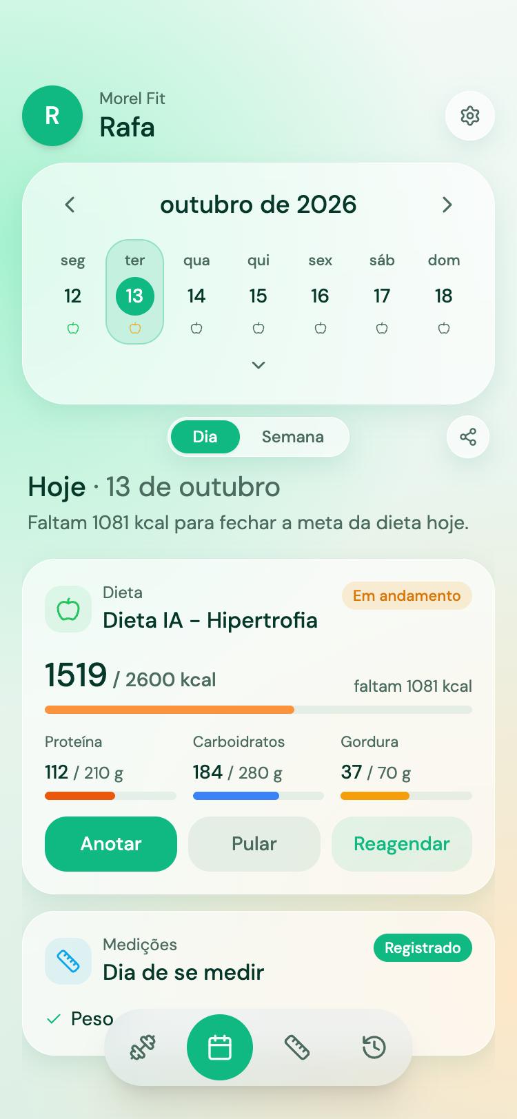 Calendário do Morel Fit com a meta do dia