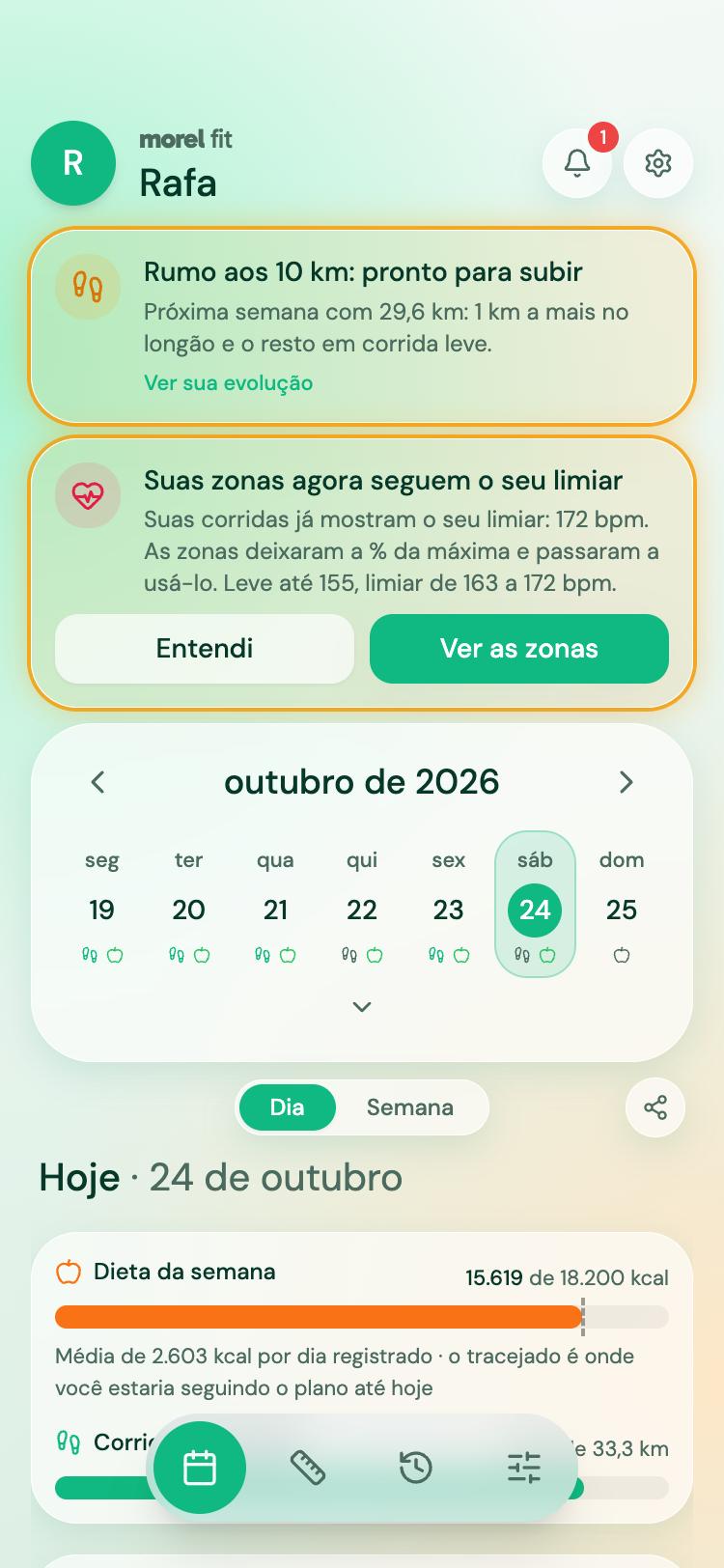 Calendário com a corrida da semana e o aviso das zonas