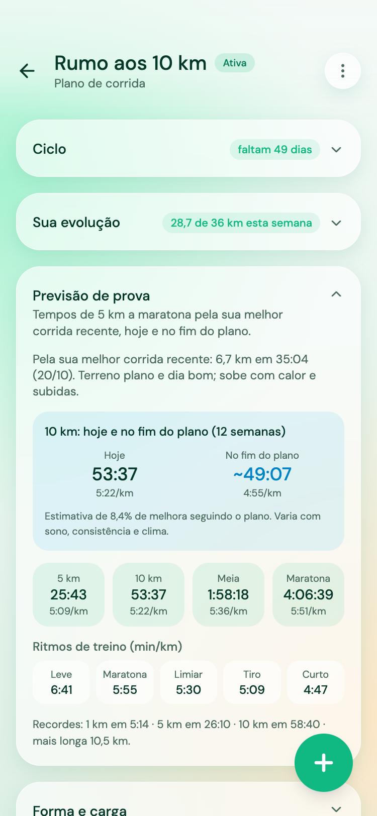 Plano de corrida com a previsão de prova