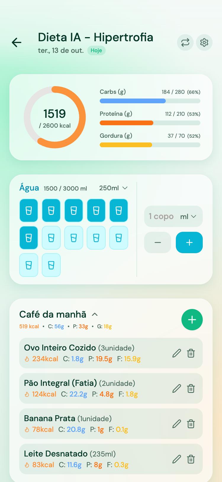 Diário de refeições com água e macros