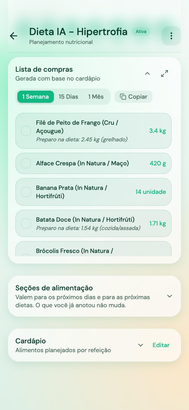 Lista de compras gerada do cardápio